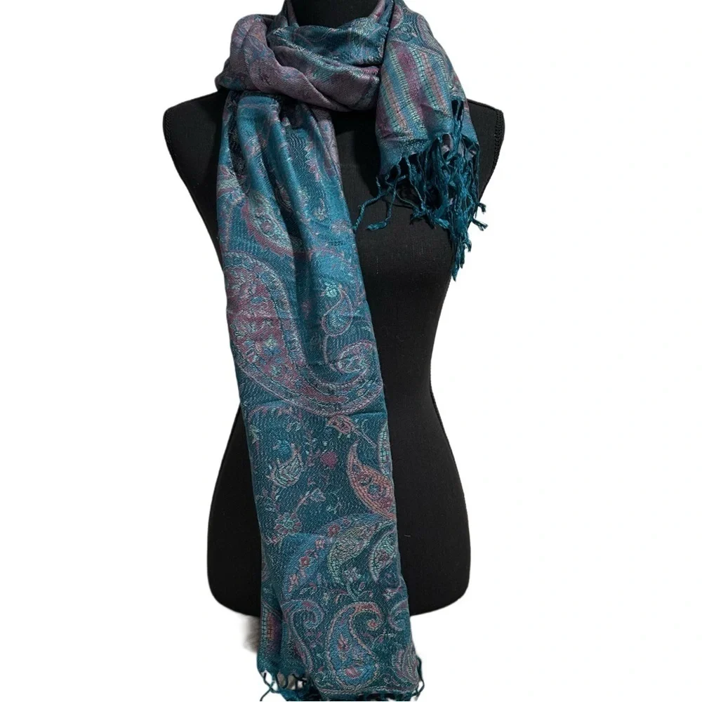 Elegant Shawl in Metallic Green Paisley-Versatile Wrap, Scarf, Veil, Soft Cozy